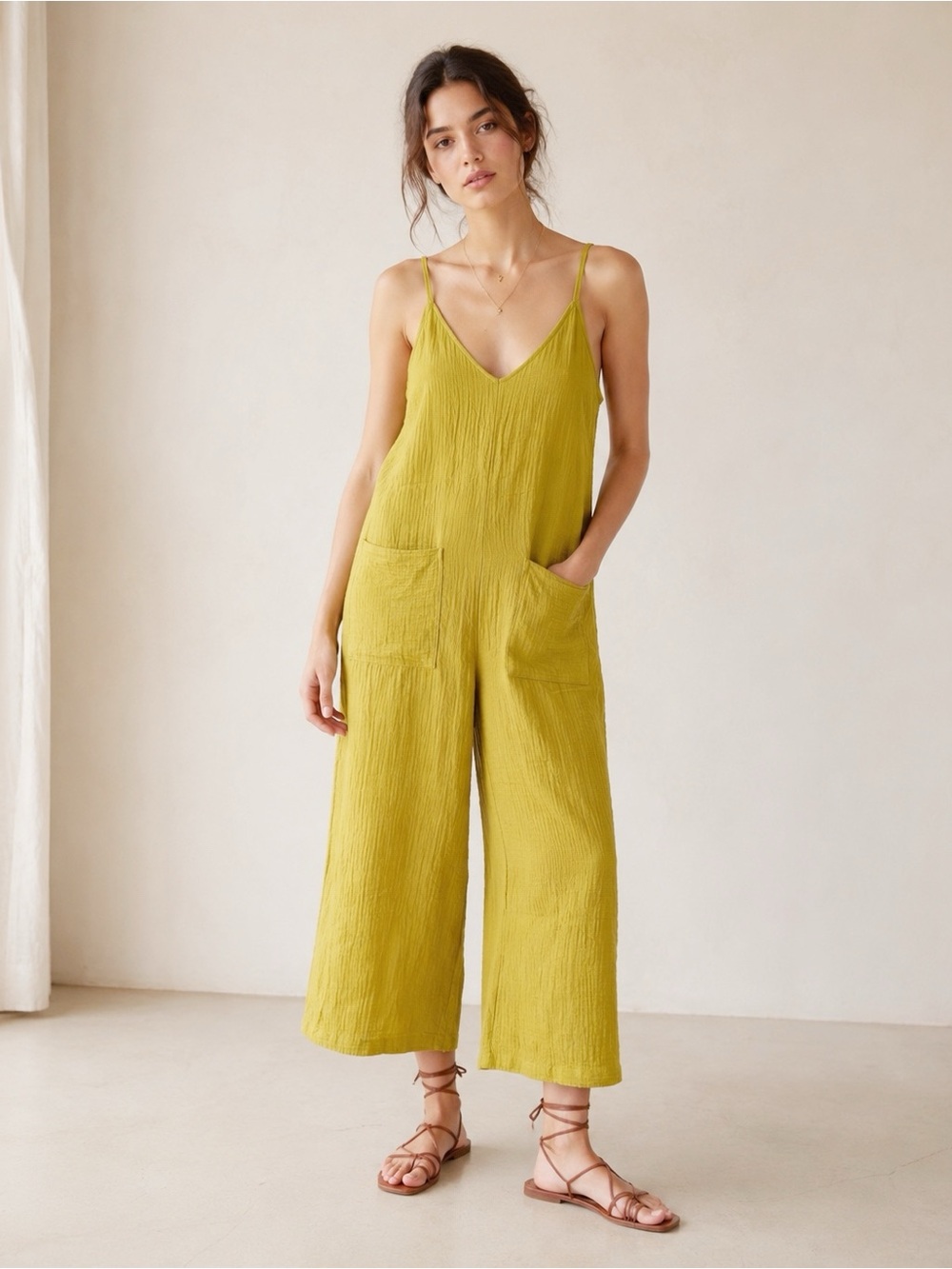 Parfois Women Chartreuse Yellow Gauze Cotton Relax Jumpsuit XS-S Boho Folk